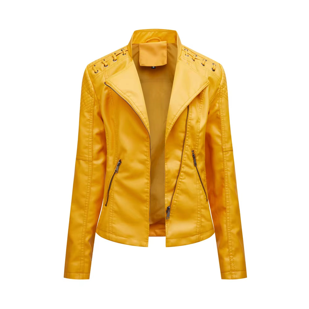 New Spring Autumn Women Faux Leather Jacket Pu Motorcycle Biker Purple Coat Slim Zipper Motorcycles Locomotive Outerwear 4XL